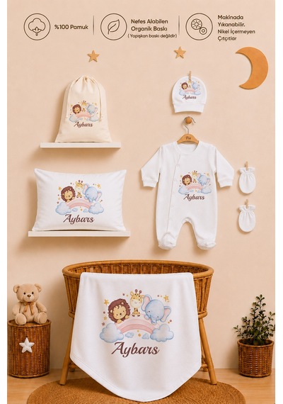 Pia Baby İsme Özel Erkek Bebek %100 Pamuk Hastane Çıkışı Tulum Şapka Eldiven Kıyafet Keseli Hediye Seti 1022tybk0x Krem