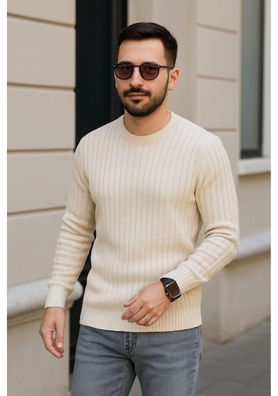Erkek Fitilli Triko Kazak 3 Lü Set Bej Beyaz Siyah Kalın Dokuma Pamuklu Regular Fit Siyah - Beyaz