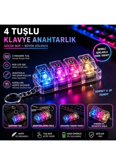 4 Tuşlu Rgb Klavye Anahtarlık Işıklı Mini Mekanik Keychain Led Efektli