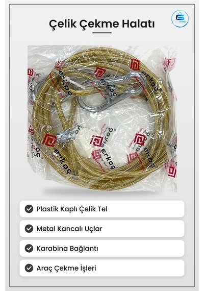 Çelik Çekme Halatı Çeki Demiri Araç Kancalı Karabinalı Oto Yol Ya