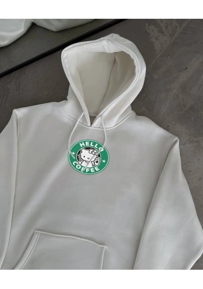 Valensdesign Üç İplik Penye Uzun Kol Kapşonlu Sweatshirt - Beyaz