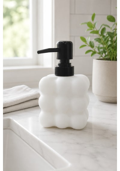 Modern Bubble Sıvı Sabunluk 400 Ml Siyah Pompalı Kabarcık Desenli Banyo Ve Mutfak Tezgâh Üstü Dispenser - 15 Cm X 9 Cm X 6,5 Cm Beyaz