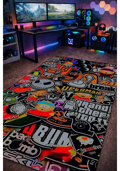 Sticker Bomb Karışık Desen Yıkanabilir Kaymaz Taban Genç Odası Halısı Gnc8