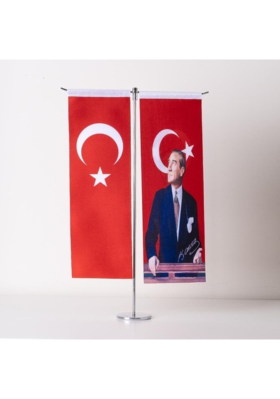 Atatürk-Türk Bayrağı 2li Masa Bayrağı Saten Kumaş Dijital Baskı 8,5x25 cm