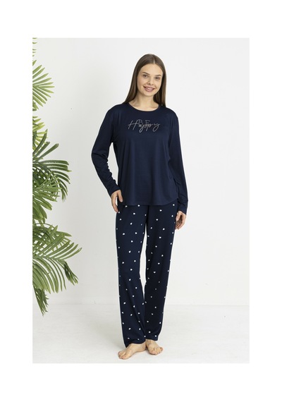 Estiva Kadın Kalp Alt Desenli Soft Uzun Kollu Pijama Takımı Lacivert