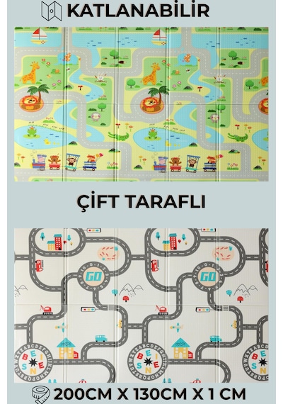 Pureza Çift Taraflı Katlanabilir Oyun Matı 200cmx130cmx1cm Kaymaz, Darbe Emici, Su Geçirmez, Bebek Ve Çocuklar İçin, Yeşil Parkur/Araba Yarışı, Taşıma Çantası Hediyeli Yerli Üretim