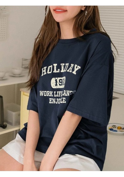 Flood Of Style Kadın Lacivert Holiday 1961 Baskılı Oversize T-shirt