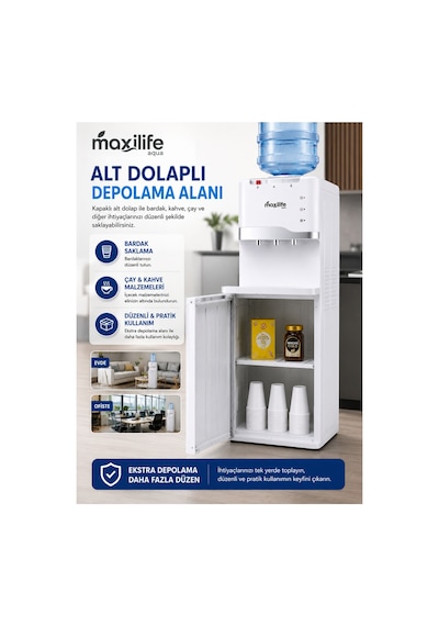 Maxilife PS-SLR-210 Aqua Kompresörlü Su Sebili Sıcak Soğuk Normal Su Alt Dolaplı 3 Musluklu Su Sebili Beyaz