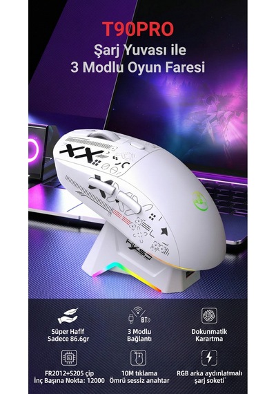 T90 Pro 3 Modlu Kablosuz Oyuncu Mouse-rgb Şarj İstasyonu 650 Mah Batarya Diğer