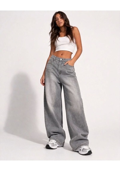 St.poll Gri Yıkamalı Unisex Baggy Jeans Pantolon Açık Gri