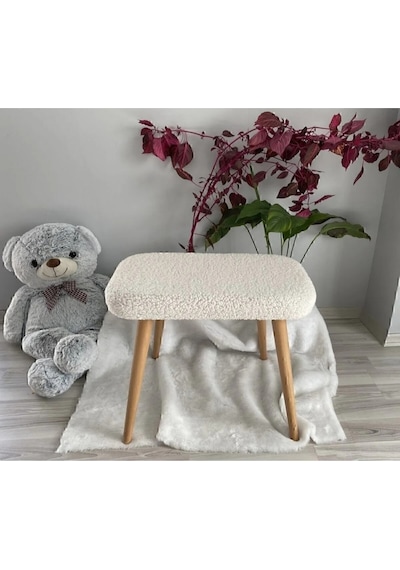 Ahşap Ayaklı Tedy Kumaş Dekoratif Puf Bench Makyaj Sandalyesi Oval Bejj