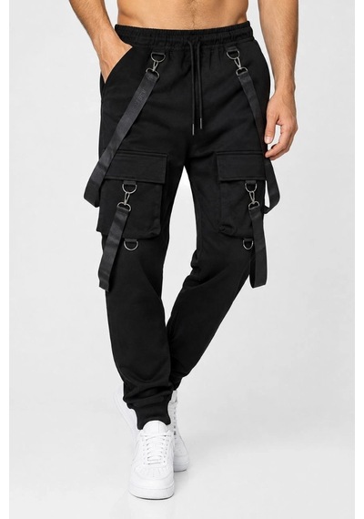 Assema Erkek Techwear Şerit Aksesuarlı Ön Kapak Cep Detaylı Jogger Eşofman Altı - Siyah Çok Renkli
