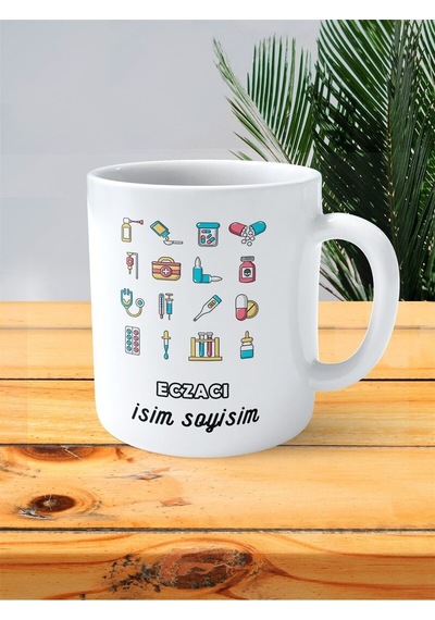 Eczacı Eczane Baskılı Kupa Bardak İsimli Kişiye Özel Semboller Çok Renkli