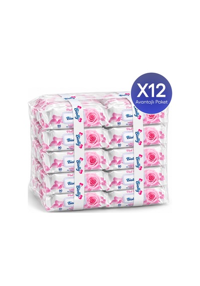 Biolly Pink Rose Islak Mendil 90 Yaprak 12'li Paket 12'li Set