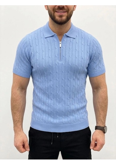 Erkek Yazlık Triko Saç Örgü Tişört Kısa Kol Polo Yaka Fermuarlı T-shirt - Bebe Mavisi
