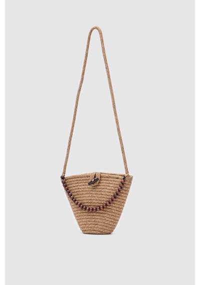 Shule Bags Piccolo Handmade Boncuk Detaylı Hasır Çanta Vizon Vizon