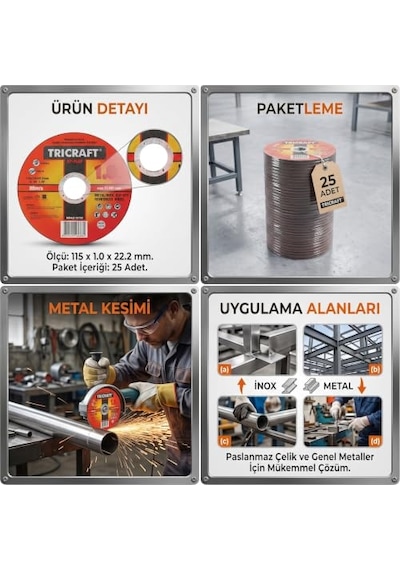 Tricraft İnox Metal Kesici Taş, 115 X 1.0 X 22 Mm, 25 Adet