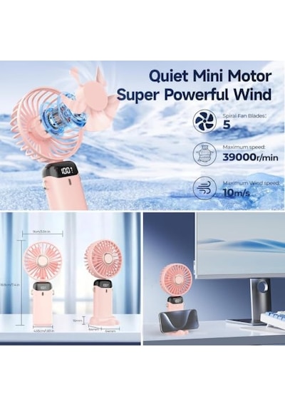 Şarjlı El Vantilatörü - Led Dijital Ekranlı 5 Kademe Rüzgar Hızlı Mini Masaüstü Fan, Boyun Askılı Katlanabilir Şarj Edilebilir Taşınabilir Vantilatör, Telefon Standlı Type-c Şarjlı Pembe