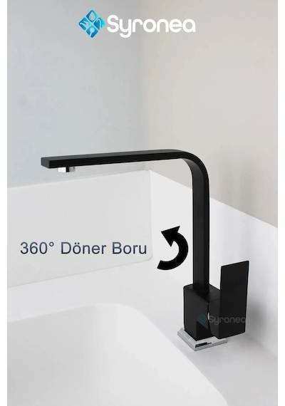 Siyah Kuğu Kare Mutfak Evye Bataryası 360 Derece Döner Boru Garantili Sıcak Soğuk Girişli Siyah