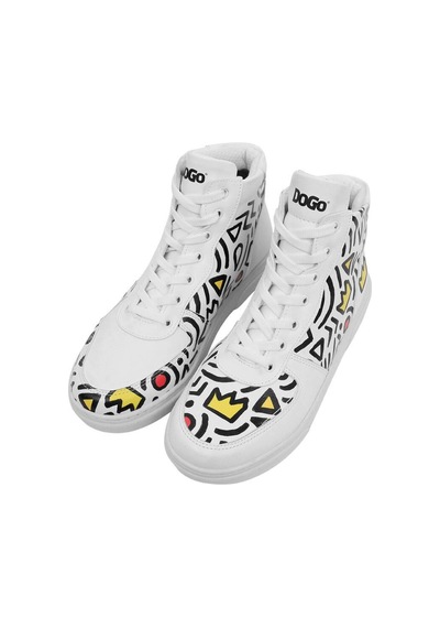 Kadın Vegan Deri Beyaz High Sneakers - Abstract Outline White Tasarım Çok Renkli