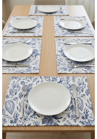 Çiçek Desenli Kumaş Tabak Altlığı 35x45 Cm Mavi Yapraklı Yemek Masası Tabak Altlığı 6 Kişilik