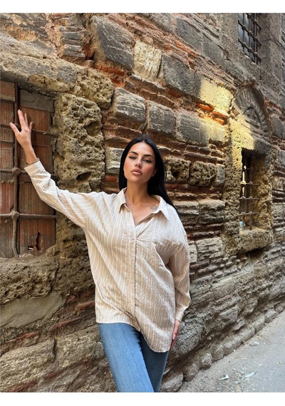 WeShaya Taş Çizgili Oversize Düğmeli Gömlek Taş