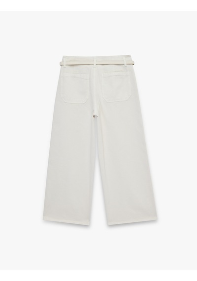 Koton Kemer Detaylı Pamuklu Kısa Geniş Paça Pantolon - Wide Leg Jeans Ekru 6sal40052mw