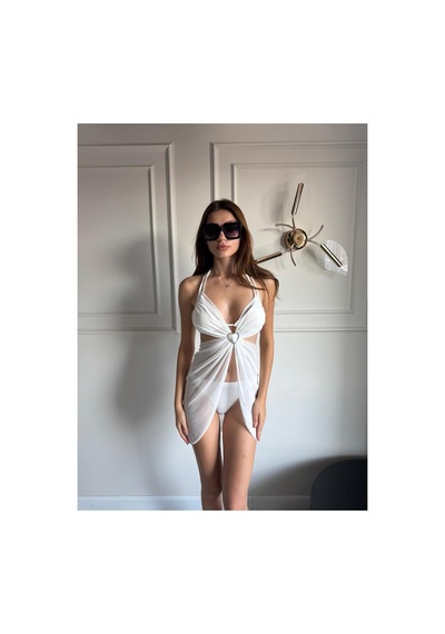 Gugus 3-lü Bikini Takımı / Kalpli Pareo + Alt Bikini + Üst Bikini Beyaz