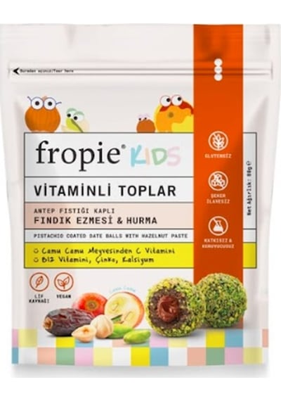 Fropie Vitaminli Kids Meyve Topları - Antep Fıstığı Kaplı & Fındık Ezmeli 80 G Fropie Vitaminli Kids Meyve Topları - Antep Fıstığı Kaplı & Fındık Ezmeli 80 G