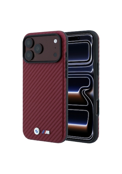 Apple iPhone Uyumlu 18 Pro Kılıf Bmw Lisanslı M-safe Özellikli Pu Karbon Tasarımlı Metal Logolu Kapak Bordo