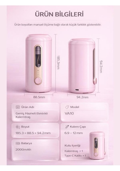 Va10 Pembe Şarjlı Otomatik Elektrikli Kalemtıraş 2000mah 5 Kademe Uç Ayarlı, 6.9-12mm Jumbo Uyumlu, Type-c, Geniş Hazneli