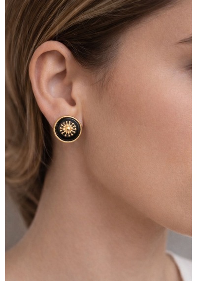 Kadın Küpe Vintage Düğme Model Gold Sun Küpe Siyah