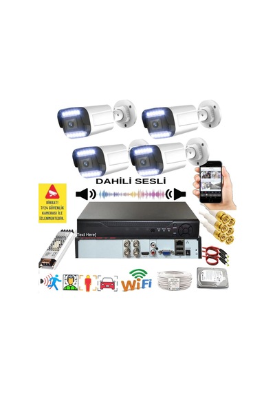 4 Lü Sesli Araç İnsan Yüz Tanımalı Hareket Algılayan 5 Mp Lens 9 Warm Led Gece Renkli Kamera Seti 5909ws