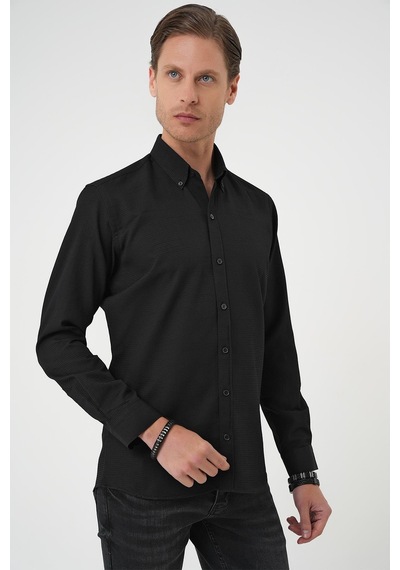 Efor Slim Fit Dokulu Düğmeli Yaka Pamuklu Klasik Siyah Gömlek Gk 739 Siyah
