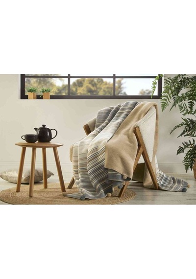 Battaniye Pamuk Stripe Ponponlu Tek Kişilik Camel Çok Renkli