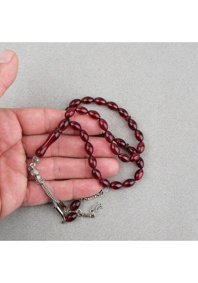 Sıkma Kehribar Beyzi Kesim Alpaka Püsküllü 7x11mm Tesbih Kırmızı
