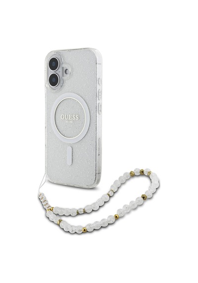 Apple iPhone 16 Uyumlu Kılıf Guess Lisanslı Magsafe Özellikli Simli Silikon İnci Bileklikli Şeffaf