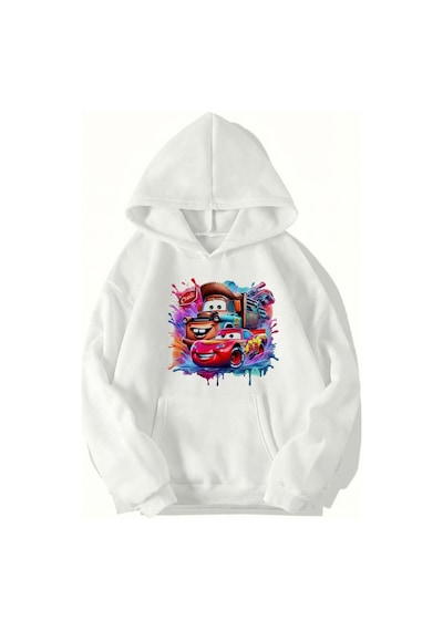 Brz Collection Unisex Oversize - Cars - Mcqueen & Tow Mater Best Friends Hoodie Beyaz Beyaz