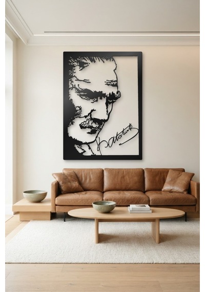 Atatürk Ve İmza Metal Duvar Tablosu - Duvar Sanatı - Duvar Dekoru - Siyah