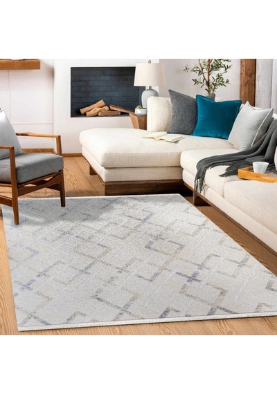 Bespoky Royal Geometrik Modern Salon Halısı Makine Dokuma Krem - Pudra Pembe
