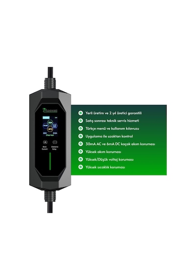 7 KW 32A Türkçe Menü 10 M Elektrikli Araç Şarj İstasyonu Taşınabilir 7 KW 32A Türkçe Menü 10 M Elektrikli Araç Şarj İstasyonu Taşınabilir