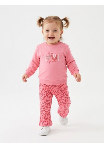 HelloBaby Pamuklu Kalp Detaylı 2li Kız Bebek Takım Nar Çiçeği