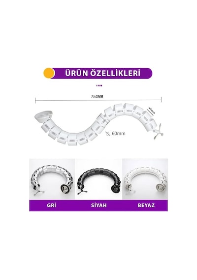 Ayrex Yuvarlak Kablo Düzenleyici Masa Altı Omurga Kablo Kanalı Beyaz