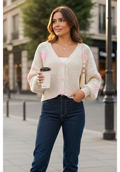 Noa & Noa Kadın Kalp Ve Fiyonk Desenli Nakışlı Triko Hırka Love Knit Pembe