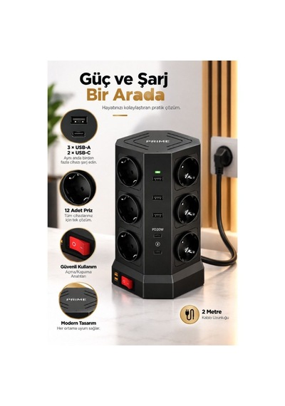 12 Li Priz Çoklu Akım Korumalı Uzatma Kulesi 3 Usb-a 2 Usb-c Pd20w 3680w 2 Metre 0 - 2 M