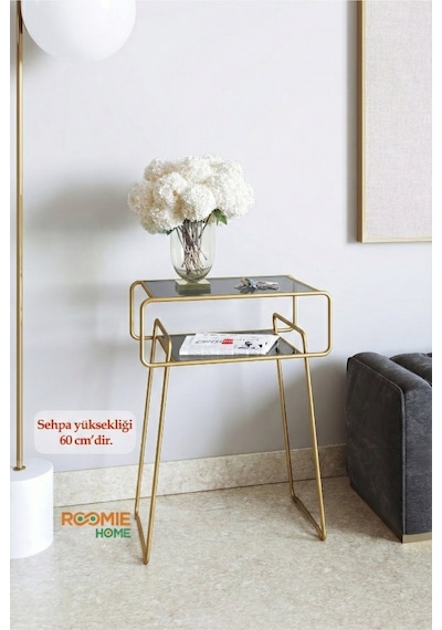Retro Yan Sehpa, Metal Sehpa, Cam Sehpa, Salon, Yatak Odası, Antre Füme Cam Gold Altın