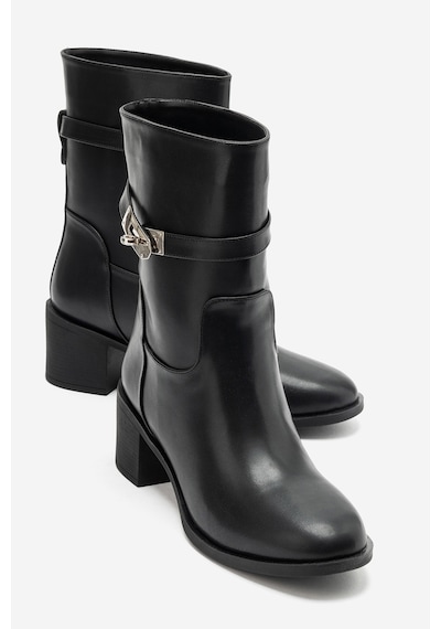 Luvi Shoes Parker Siyah Cilt Tokalı Kalın Topuklu Kadın Bot