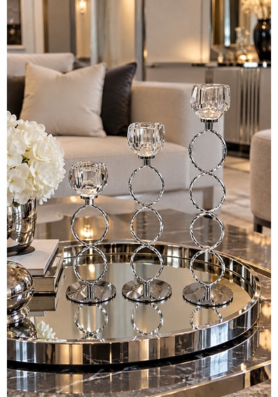 Modern 3 Lü Krom Dekoratif Şamdan Mumluk Seti 32 -26-22cm Gümüş Gümüş
