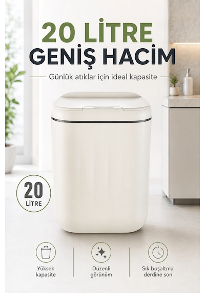 Akıllı Sensörlü 20 Litre Çöp Kovası Sessiz Kapaklı Modern Hijyenik Ev Tipi Çöp Kutusu