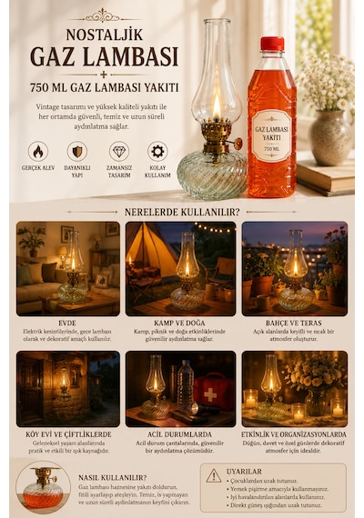 Nostaljik Vintage Gaz Lambası Ve 750 Ml Gaz Lambası Yakıtı Seti Dekoratif Aydınlatma Ve Kamp Lambası